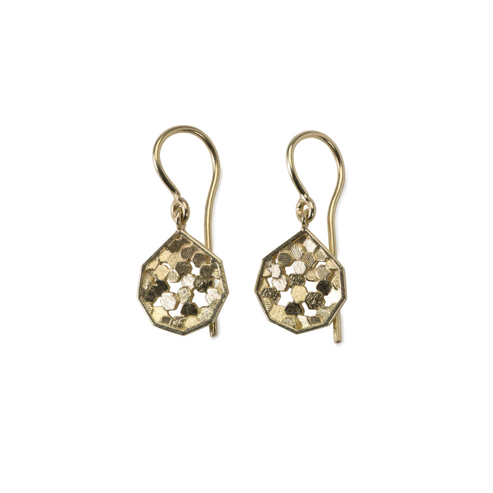 18k Yellow Gold Elegant Drop Earrings – Chaos Hex Koin Drop Earrings – Objet d'Emotion
