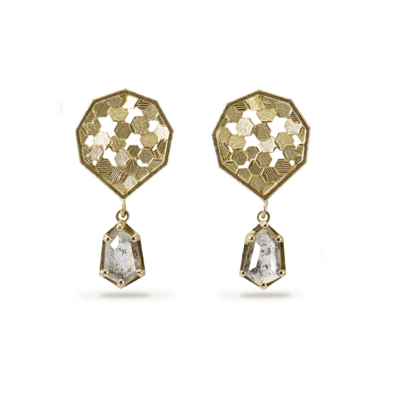 18k Yellow Gold Salt and Pepper Diamond Earrings 18k Yellow Gold Salt and Pepper Diamond Earrings – Chaos Hex Koin Studs – Objet d'Emotion