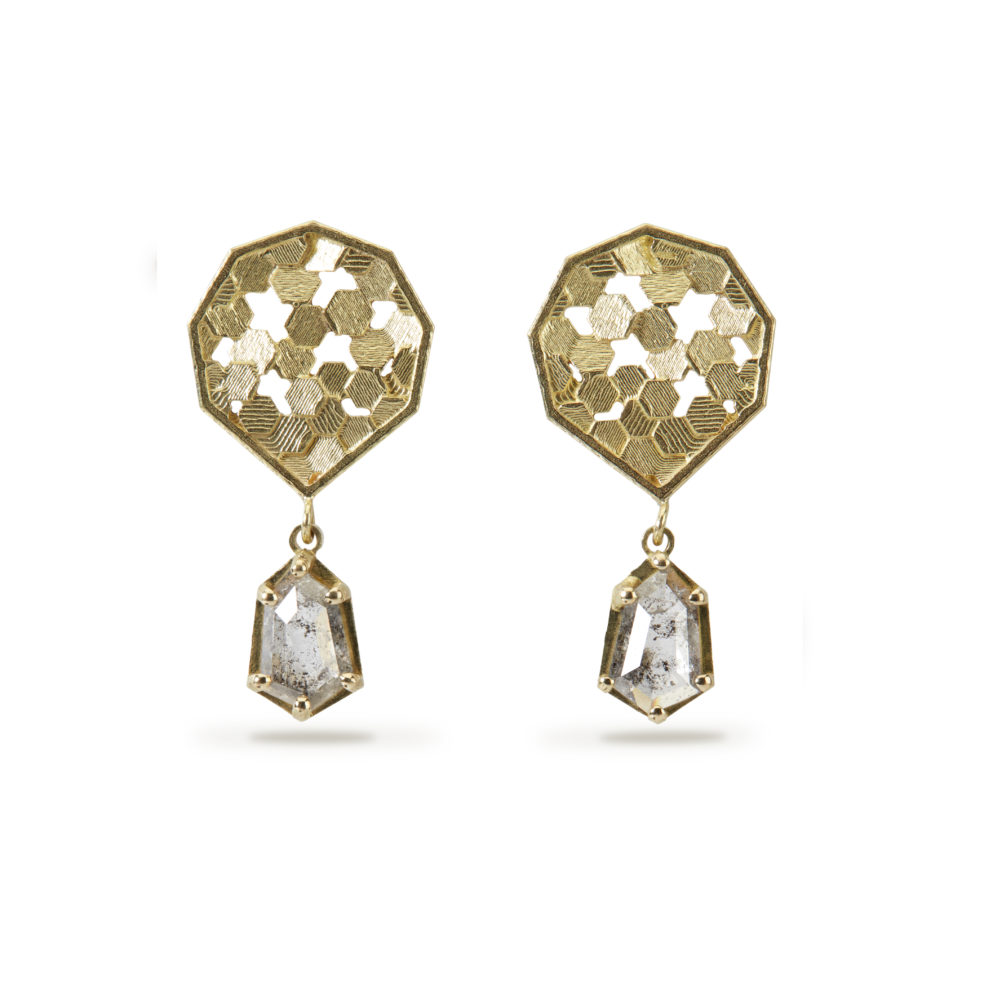 18k Yellow Gold Salt and Pepper Diamond Earrings – Chaos Hex Koin Studs – Objet d'Emotion