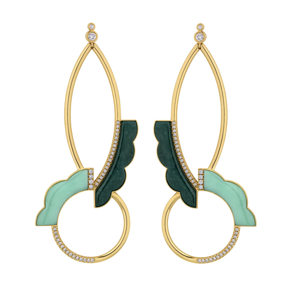 14 Karat Yellow Gold Chalcedony Earrings – Green Chrysoprase Vintage Earrings – White Diamonds – Atelier Chandelier