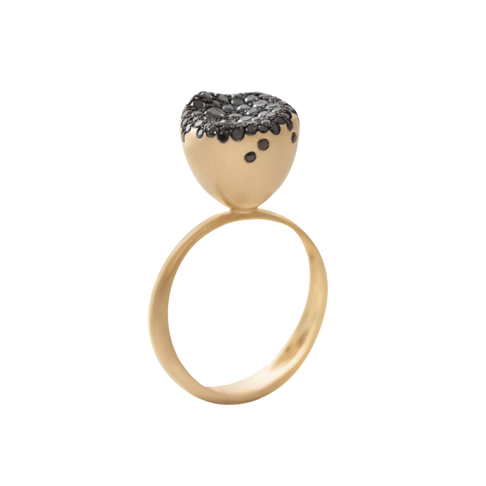 18 Karat Yellow Gold Black Diamond Ring – Baby Malak Caviar Round Small – Objet d'Emotion