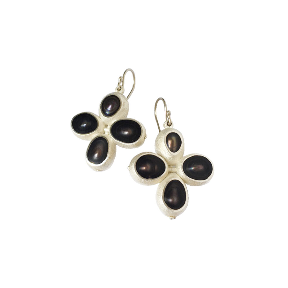 Black Freshwater Pearl Earrings – Peacock Pearl Cross Earrings – Objet d'Emotion