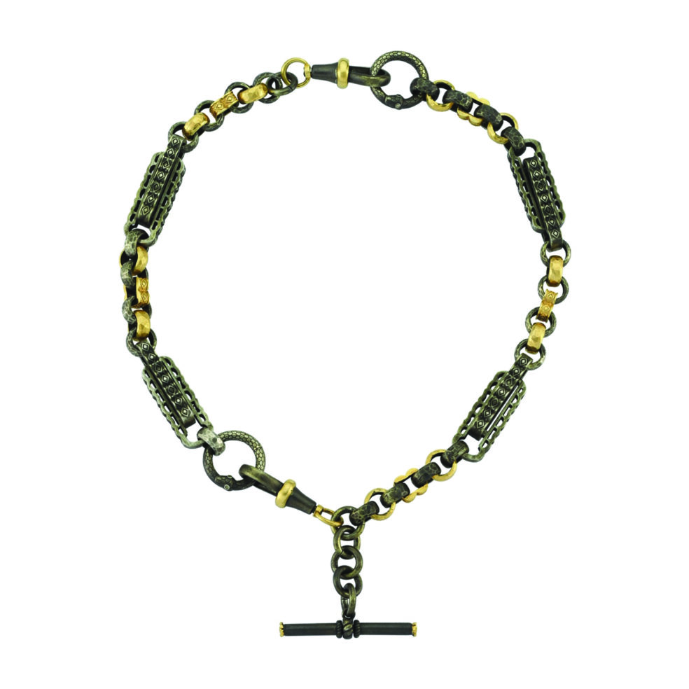 Antique 14k Gold, Rhodium Plated, Champagne Diamond Chain Bracelet – T–Bar – Grand Tour Chain – Objet d'Emotion