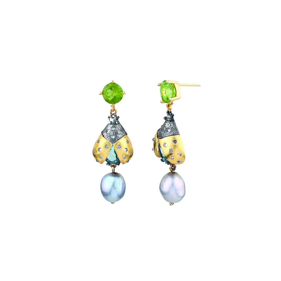 Peridot, Blue Topaz, White Sapphire, Fresh Water Pearl Ladybird Pendant Earrings – Objet d'Emotion