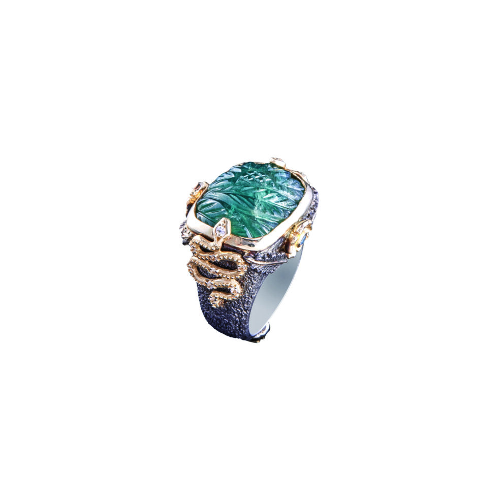 Textured Rhodium Plated, Gold Snake, Emerald Leaf Ring – Blue Spinels – Firenze Too Ring – Objet d'Emotion