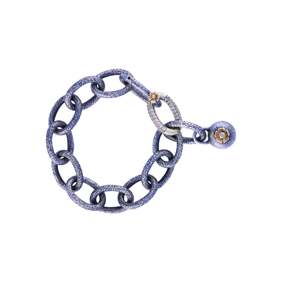 14k White Gold, White Sapphire, Rhodium Plated Link Chain Bracelet – Flower Bomb Link Bracelet – Objet d'Emotion