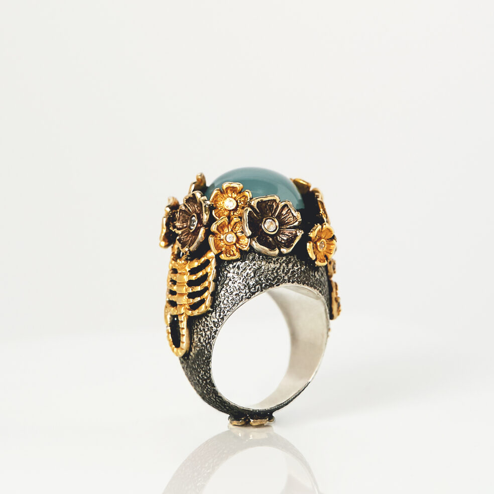 Aquamarine Ring with Scorpion, Snake, Butterfly, Flowers, White Sapphire Mystery Garden Ring – Objet d'Emotion
