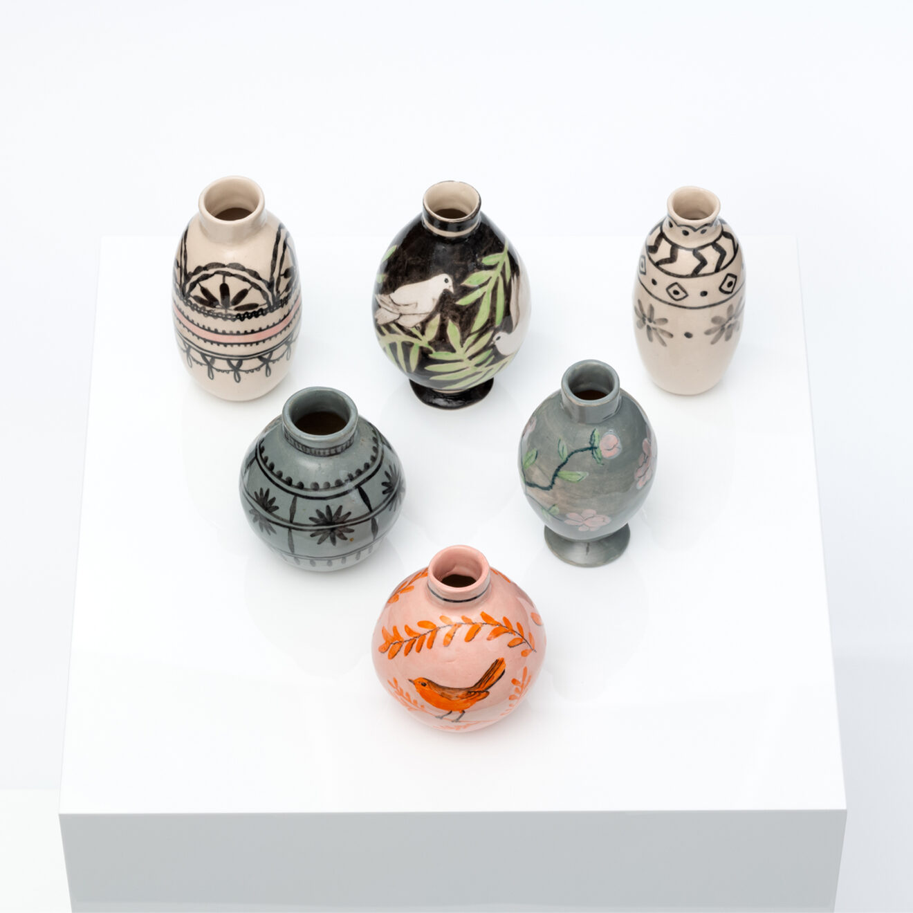 Blush pink with tangerine bird mini pot Grey And Pink Blossom Mini Pot