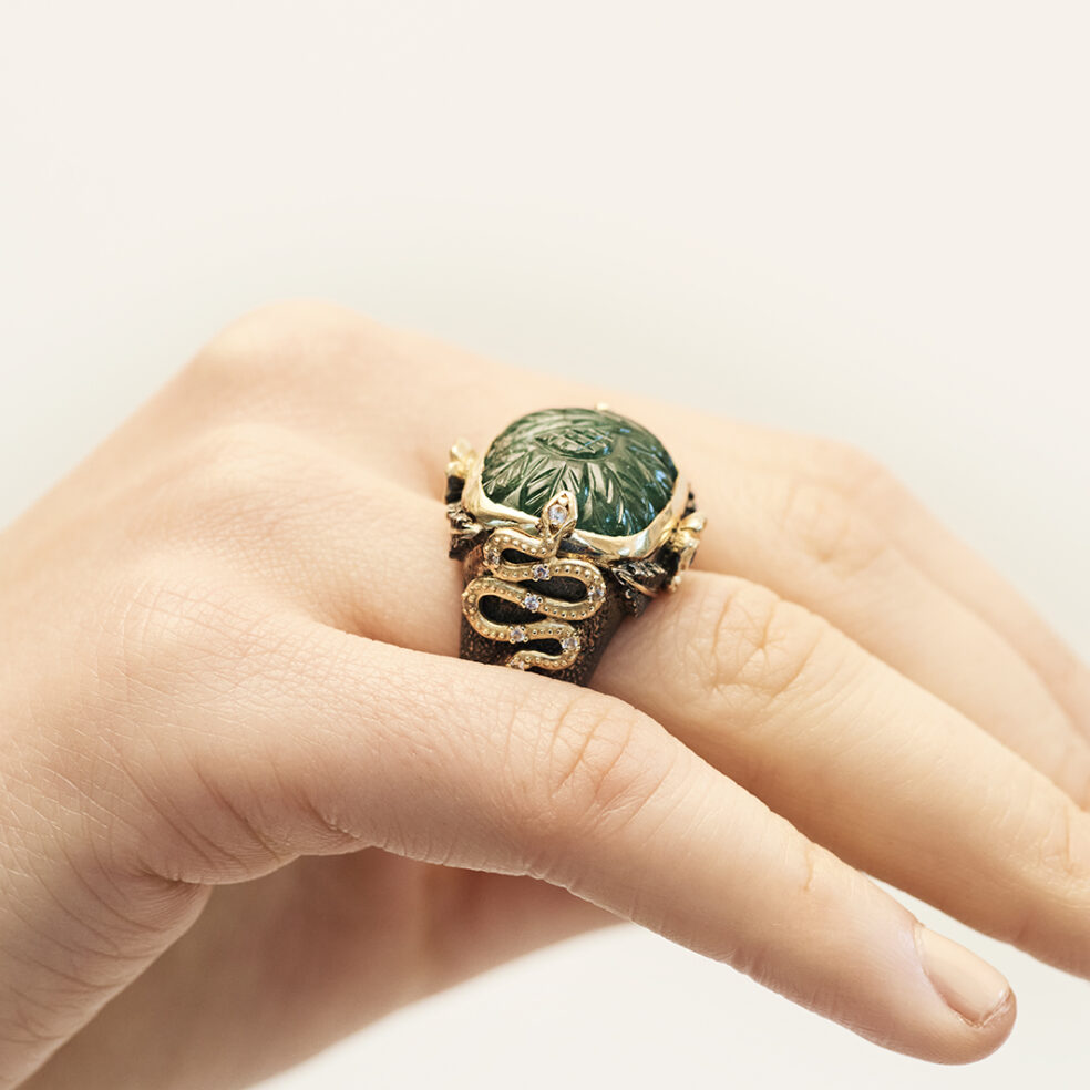 Textured Rhodium Plated, Gold Snake, Emerald Leaf Ring – Blue Spinels – Firenze Too Ring – Objet d'Emotion