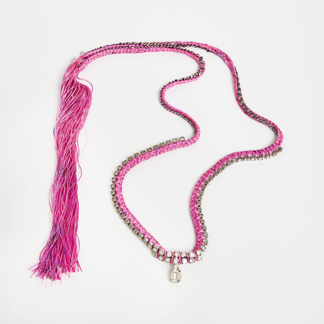 ACCESSORIES-OD-41176 Braided Silk And Rhinestone Necklace
