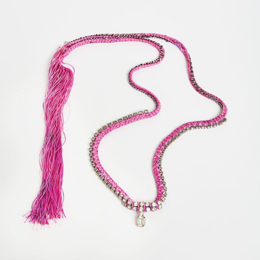 Braided Silk And Rhinestone Necklace