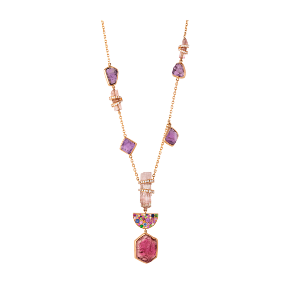 Pink Tourmaline, Amethyst & Multi Sapphire Moon Long Necklace