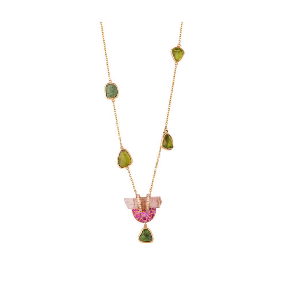Pink and Green Tourmaline & Ruby Moon Necklace