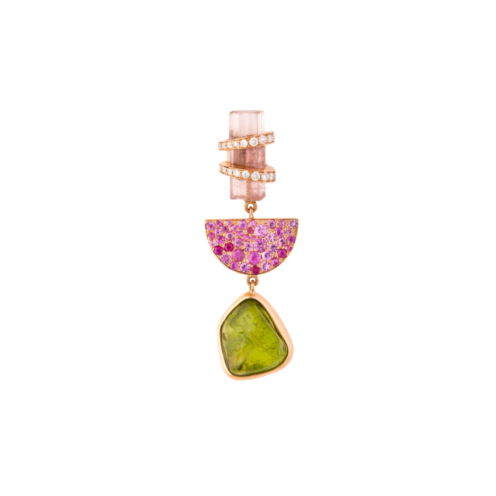 Single Pink and Green Tourmaline & Pink Sapphire Moon Earring