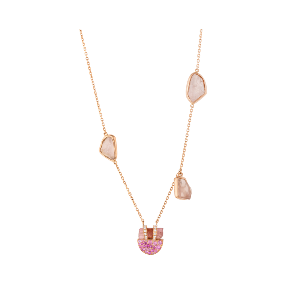 Pink Tourmaline, Rose Quartz & Pink Sapphire Moon Small Necklace