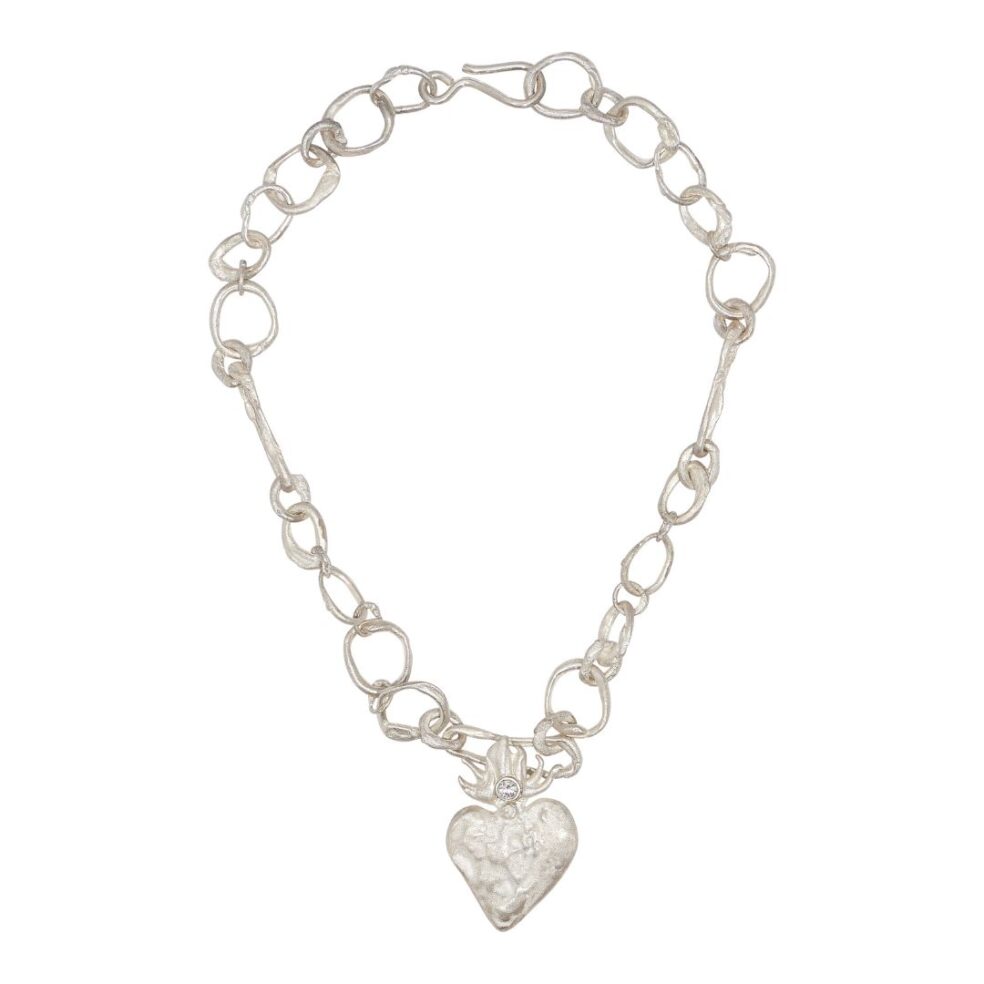 Sterling Silver Large Flaming Heart On Biomorphic Link Chain