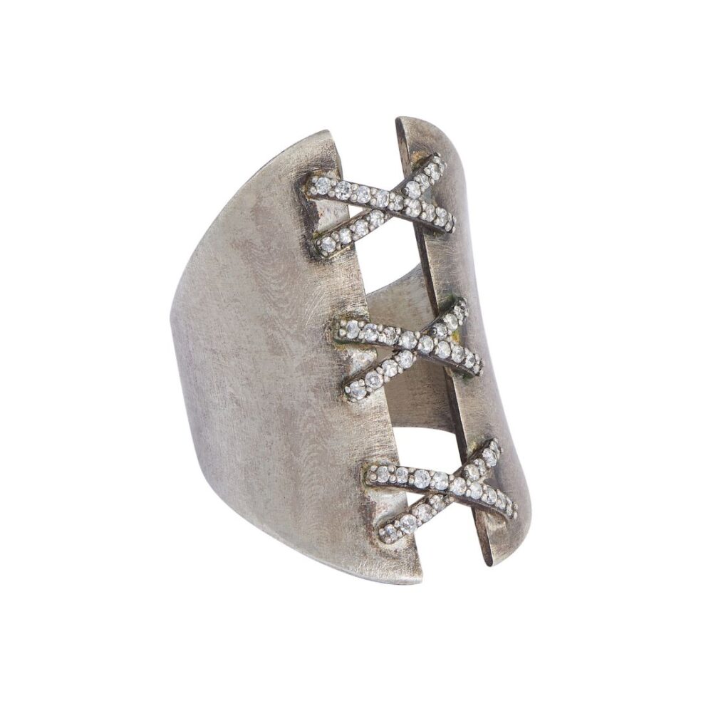 Sterling Silver Corset Ring With Three Diamond-Set Laces In The Middle