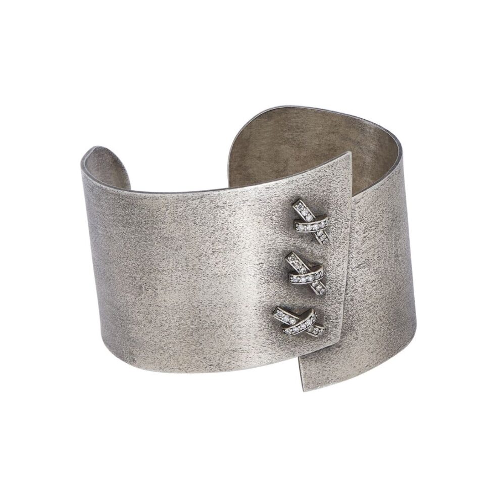 Diamond-Studded XXX Asymmetrically Edged Wide Sterling Silver Cuff