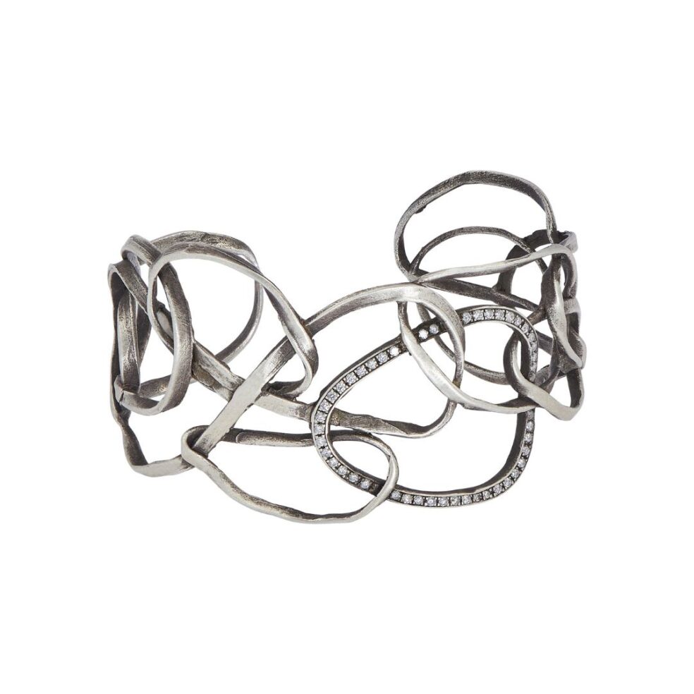 Interlocking Sterling Silver Circle Cuff With One Diamond-Set Circle