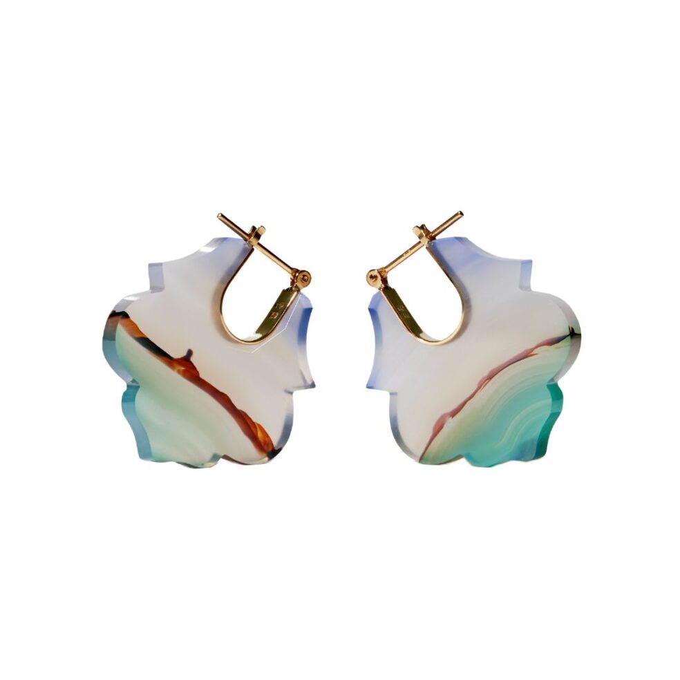 Crest Earrings, 18K Yellow Gold, Landscape Agate (Colour)